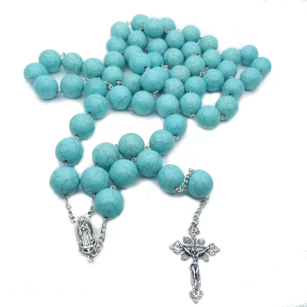 Nossa Senhora do Rosário Guadalup Pinestone 16 milímetros Turquesa Beads Chain Link Colar com Cruz Promoção Religiosa Do Vintage