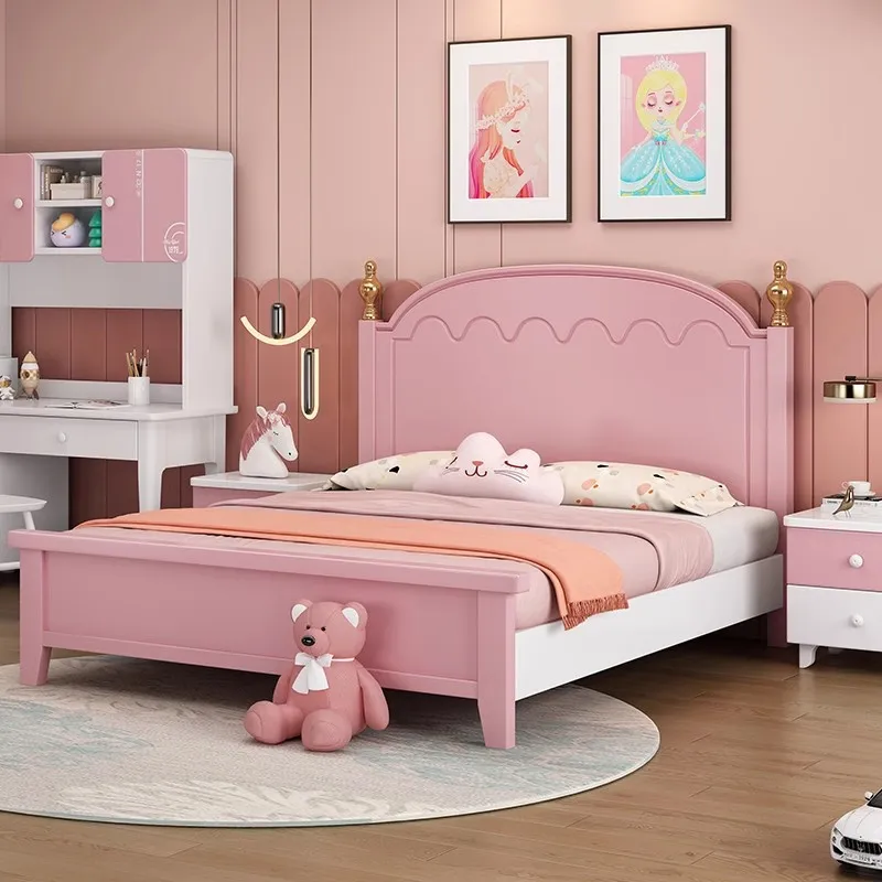 Cama infantil y mesita de noche Juego de dormitorio tallado en madera Princesa para almacenamiento