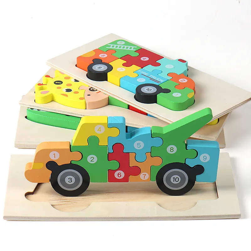 Dessin animé en bois 3D dinosaure Animal voiture Puzzle jeux de société bébé bricolage début éducatif Montessori jouets pour enfants garçons filles
