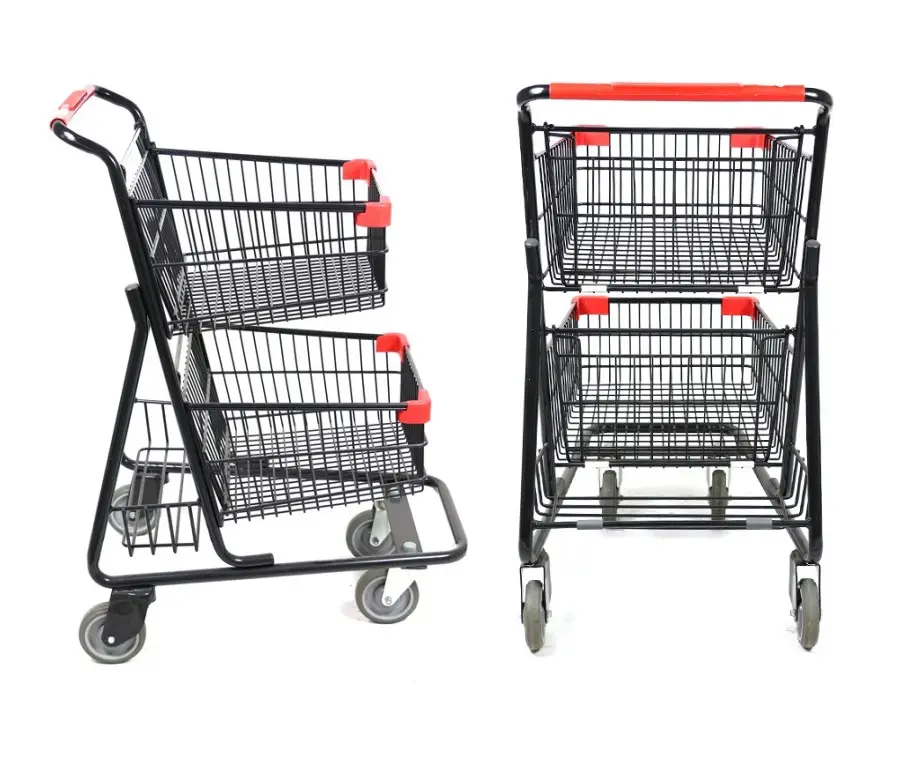 Carrito de dos niveles para supermercado de estilo americano, cestas dobles, carrito de la compra con 4 ruedas, cestas de dos cables, carrito de comestibles