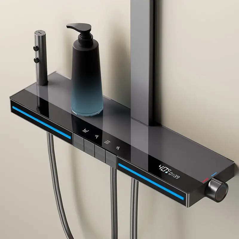Q5023, el más nuevo diseño, pantalla digital luminosa LED, juegos de ducha termostáticos de bronce de cuatro funciones para colgar en la pared del baño