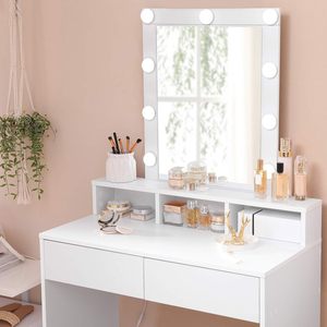 Popular Modern Vanity Desk, Mirror with <strong>LED</strong> Lights,with 2 Drawers and 3 Open Compartments - Product Image 5