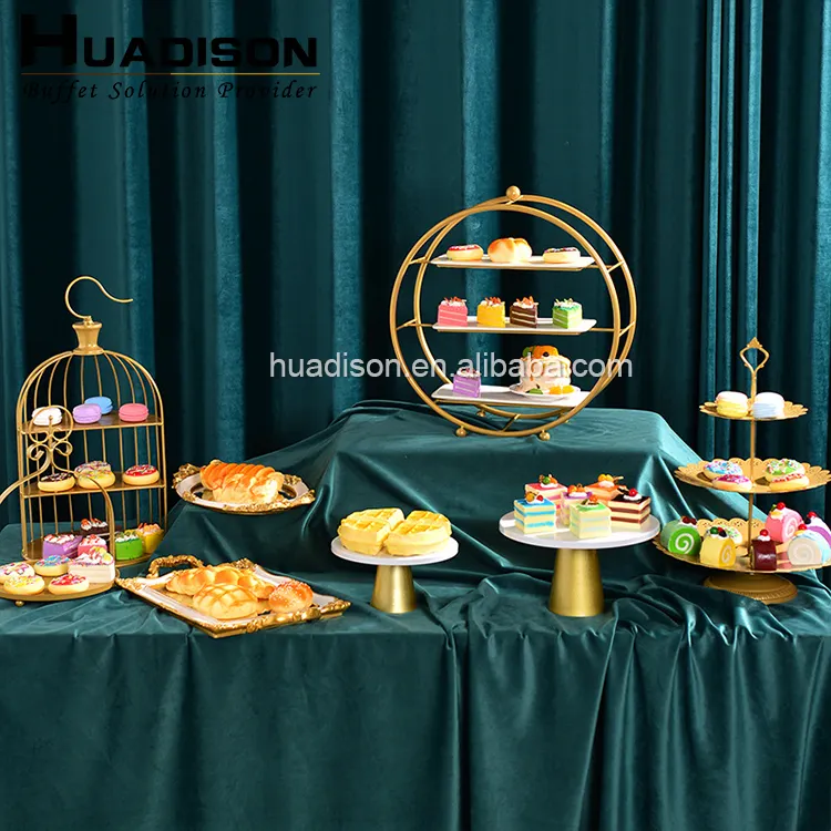 Huadisonケータリング機器ビュッフェ3ピースケーキスタンドセットラウンドメタルケーキスタンド5つ星ホテルのデザート