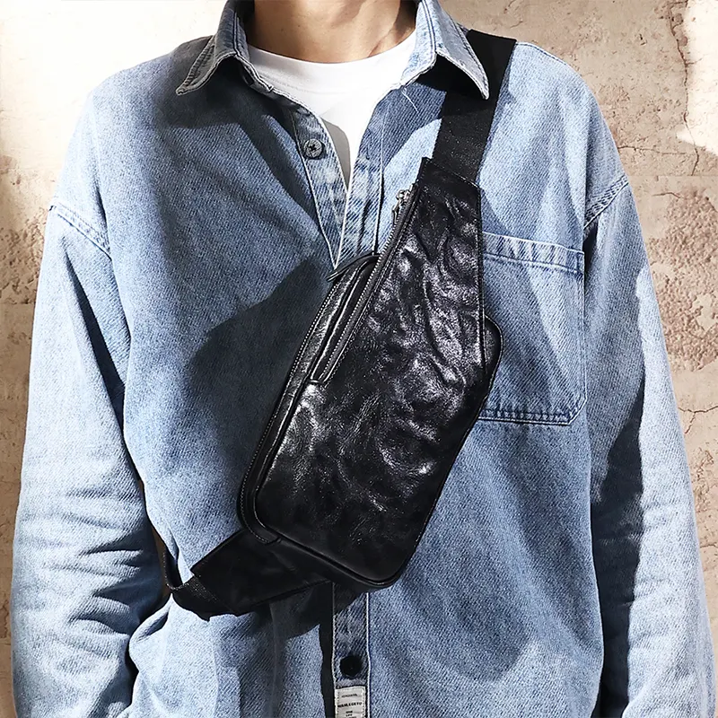 BSCI 신상품 트렌디 한 여행 슬링 조절 가능한 스트랩 실행 하이킹 스포츠 소년 가방 빈티지 가죽 남성 크로스 바디 가슴 가방