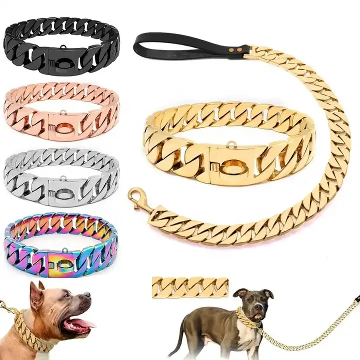 Luxury Gold Collars Big Dog Chains Pet Hip Hop Leads Kit pet accessories Choke Necklace Collar Leash Bully Link Cuban Dog Chain