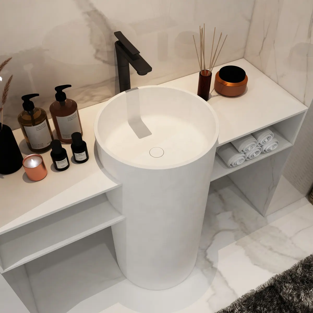 Luxo artificial pedra autoportante mão lavatórios com gaveta Pia do banheiro para Hotel rodada pedestal bacia com contagem-top