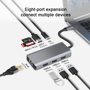 8 In 1 Multifunction Adapter Type-c to HDTV 4K with USB3.0 Ethernet PD Charging TF/SD slot <strong>audio</strong>/mic usb type c hub - Product Image 3