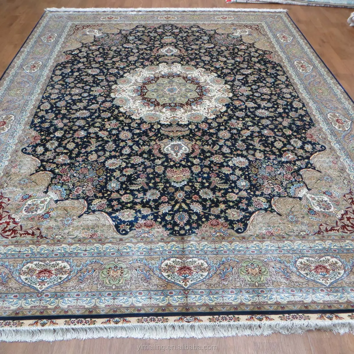 Compre senneth ghiordes nó 9x12 azul grande 100%, tapetes de seda persiano e tapetes artesanais, amarrados à mão, loja on-line