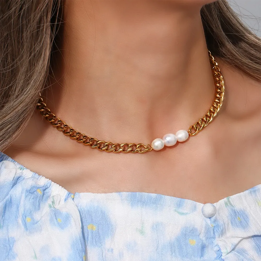 Chunky 18K Gold Plated Cuban Chain Choker Necklace Fresh Water Pearl Stainless Steel Chain Necklace Woman
