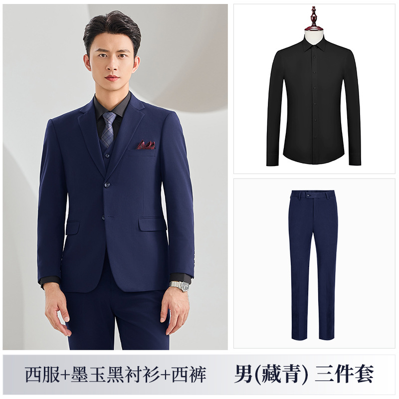 Navy blue suit, black shirt and trousers