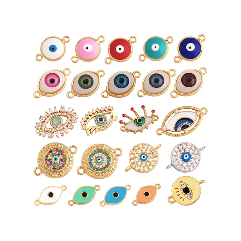 Conector de ojo de la suerte con doble agujero turco esmaltado, Circonia cúbica única, pavé de CZ, pulsera, collar, componentes, suministros
