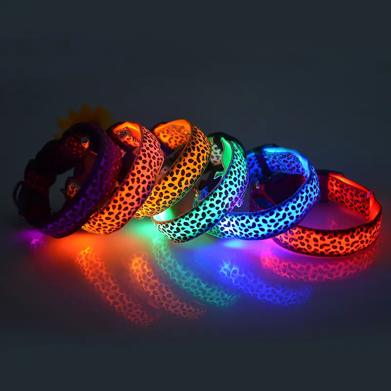 led Rechargeable Dog Pets Collars Adjustable Polyester Flashing Cable Glow Light Leopard dog collar