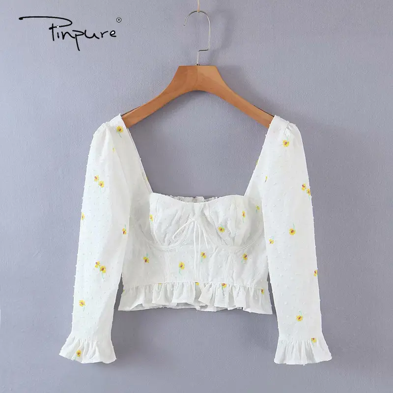 Blusa de manga larga con flores bordadas para mujer, camisa elástica pequeña con bordado de flores a la moda, soporte para 7 días de muestra, OEM/ODM, R40394S