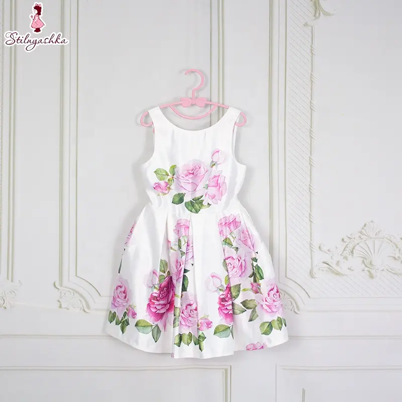 अद्वितीय डिजाइन सफेद गुलाब प्रिंट स्मार्ट आकस्मिक पार्टी राजकुमारी 2-12 साल की उम्र के बच्चे बच्चों लड़की पोशाक