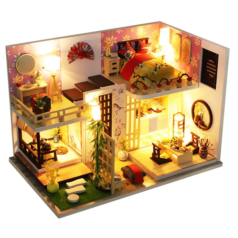 DIY casa de muñecas música LED luz Villa modelo Kit de construcción rompecabezas de madera juguete miniatura casa de muñecas