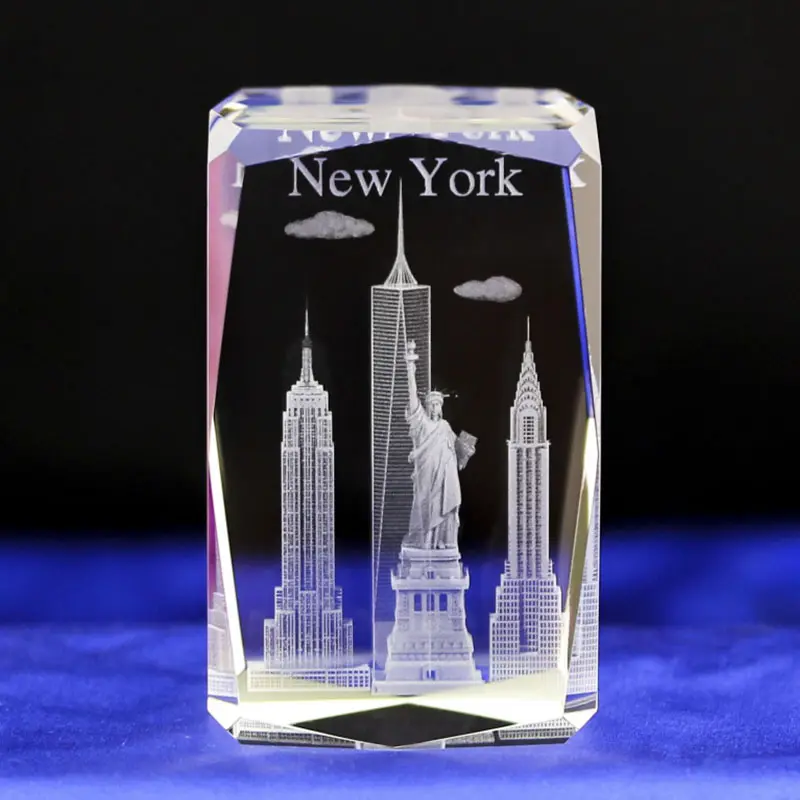 3D Laser kubus kristal New York Landmark bangunan dengan lampu dasar USB untuk hadiah kustom kaca kristal blok kubus