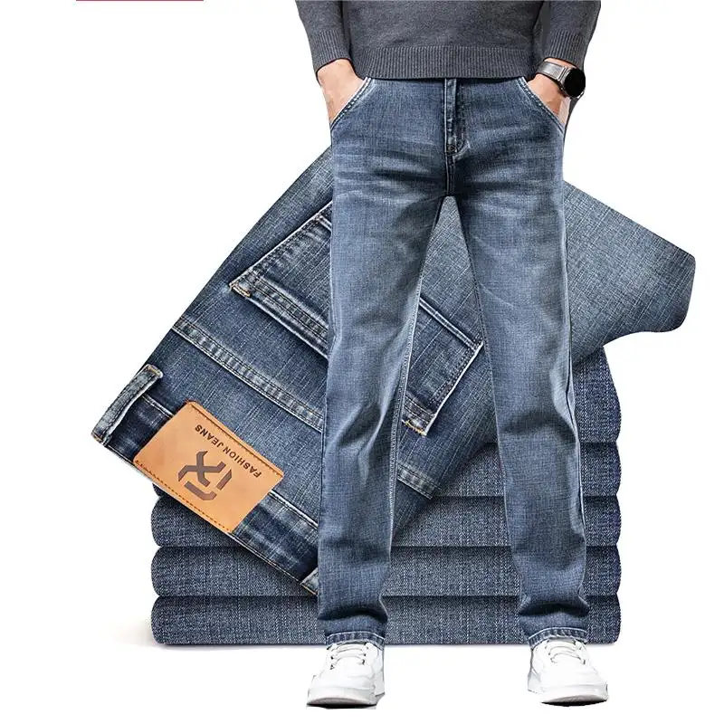 Business men's jeans Casual straight stretch fashion classic blue black working jeans men's brand clothing
