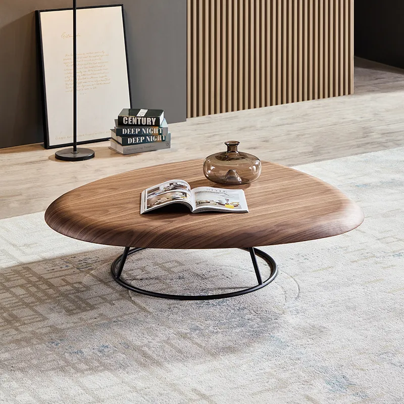 FINNNAVIANART طاولة قهوة من الخشب الصلب لغرفة المعيشة المنزلية البسيطة العصرية من الفولاذ الكربوني طاولة قهوة بيضاوية الشكل