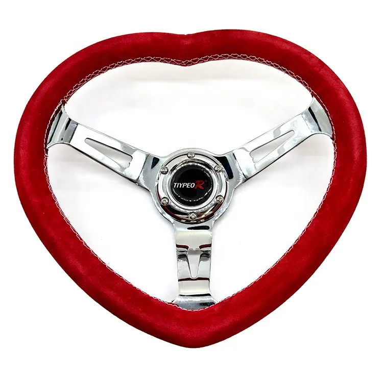 TIYPEOR universal suede heart-shaped red chrome plated three spoke 7cm deep JDM steering wheel