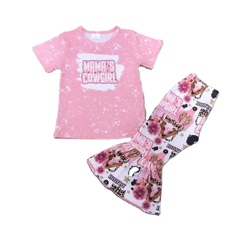 Western mama's cowgirl Cowhead Leopard Print Pink Speckled manica corta Set abbigliamento all'ingrosso