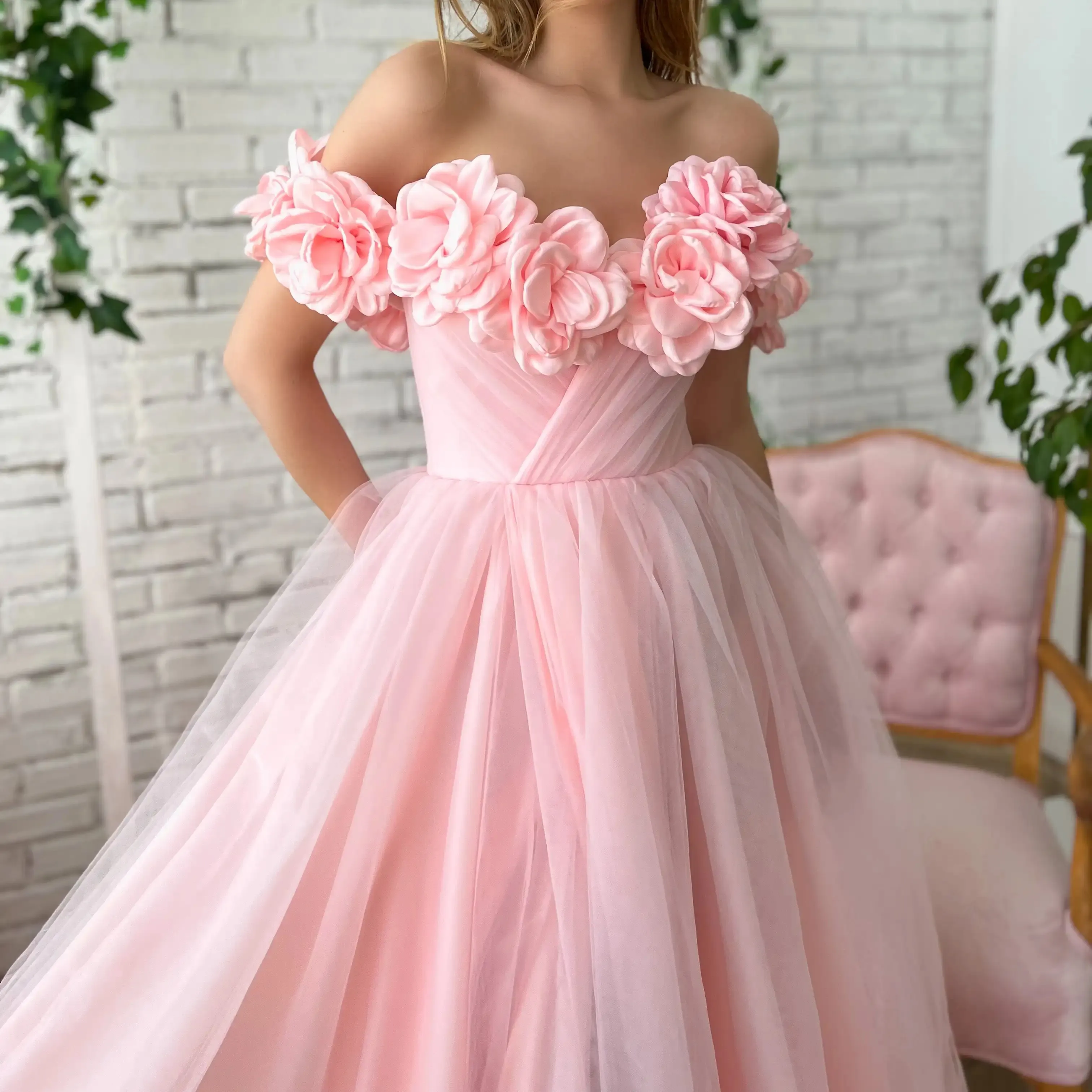 Alta qualidade rosa 3D flor casamento noite festa vestido