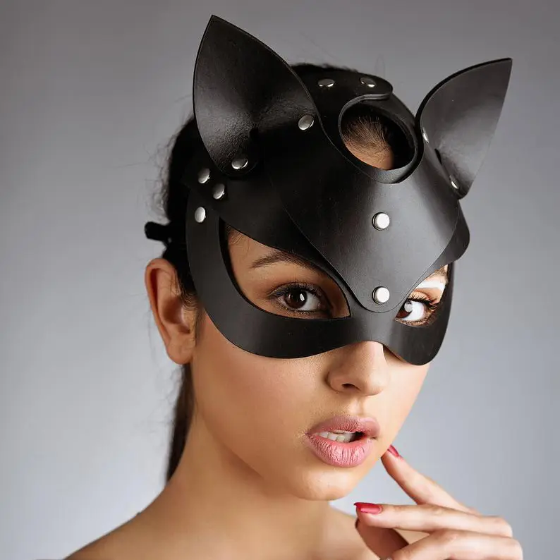 SM 크리에이티브 파티 나이트 고스 페티쉬 코스프레 조정 가능한 여성 섹시한 검은 고양이 반 얼굴 여우 가죽 가장 무도회 마스크