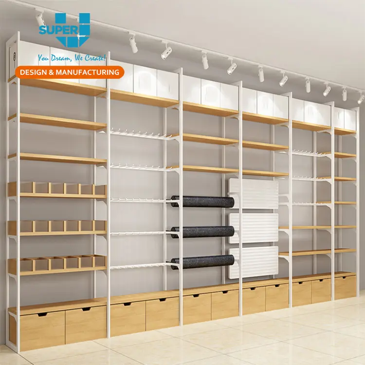 Estante colgante de madera personalizable para colgar en la pared, equipo de tienda, modelos de diseño, estantes para tiendas con cajón
