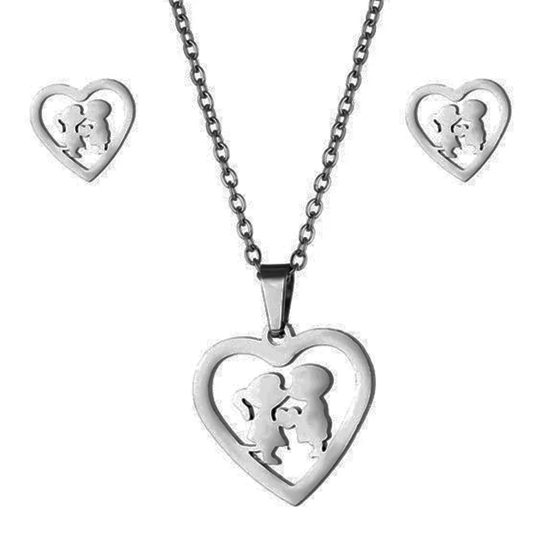 Heart shaped stainless steel accessories kiss necklace earring set boys and girls love pendant collarbone chain couple jewelry