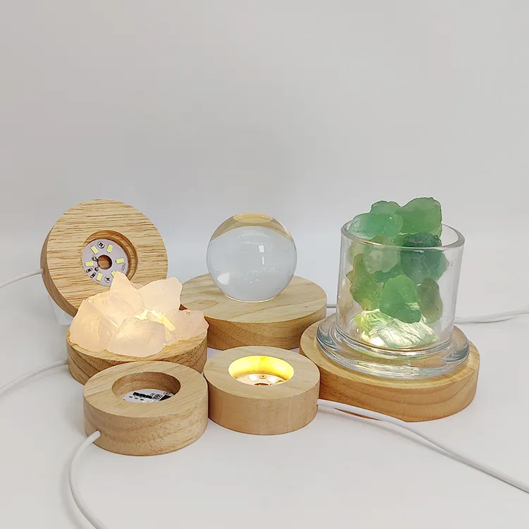 60mm Solid wood round luminous base night light 3d creative LED wooden night light decorations