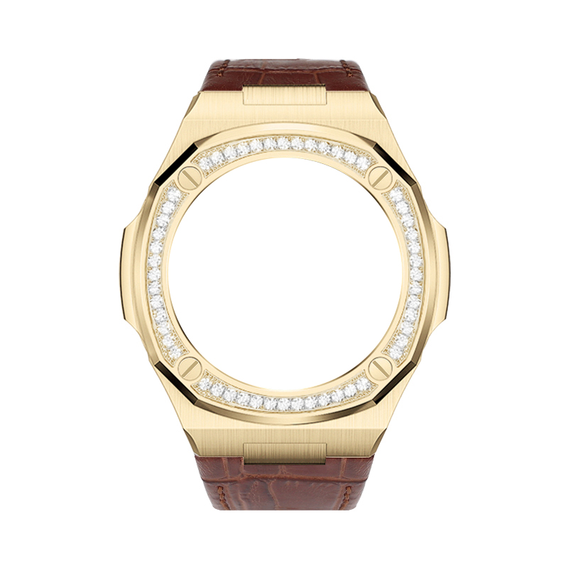 Boîtier doré - Bracelet en cuir marron