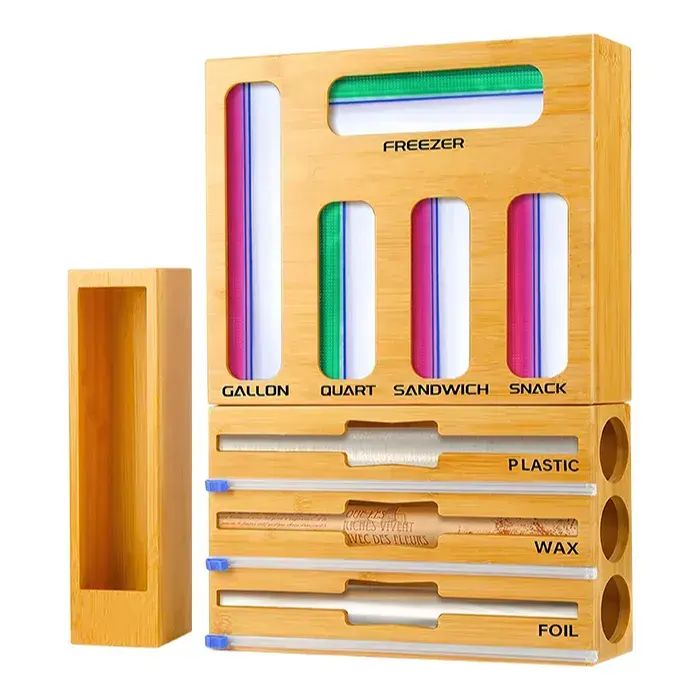 Venda quente Bamboo Ziplock Bag Organizer Box e Plastic Wrap Dispenser com cortador para cozinha gaveta