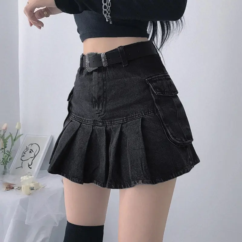 Jeans Minirock Goth Denim Falten röcke mit großen Taschen Frauen Mädchen Sommer Punk Y2K Schwarz Faldas Hohe Taille Koreanische Mode