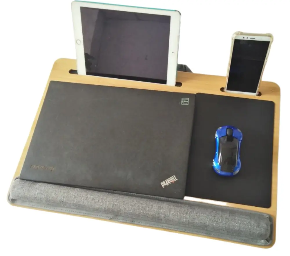 Meja Laptop bambu alami Mobile multifungsi, Meja Lap portabel dengan bantal lembut bantal untuk Hom kantor