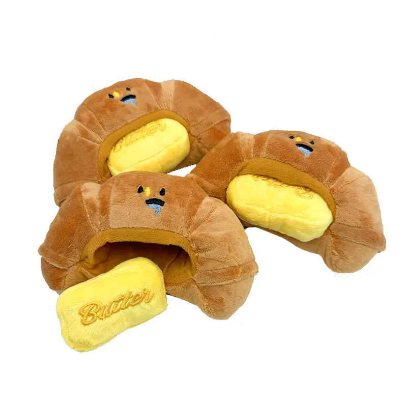 Lindo Croissant de mantequilla en forma de perro de juguete de peluche ocultar y comida de semillas escondite rompecabezas juguetes mascota cachorro juguete chirriante