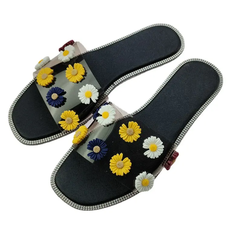 Sandalias planas de cuero con lentejuelas decoradas con flores para mujer, zapatillas transparentes de gelatina de dos colores