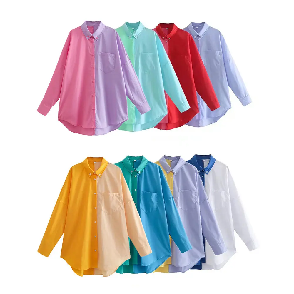 PB & ZA2022-Camiseta holgada de manga larga con solapa para mujer, camisa de diseño a juego de color para primavera