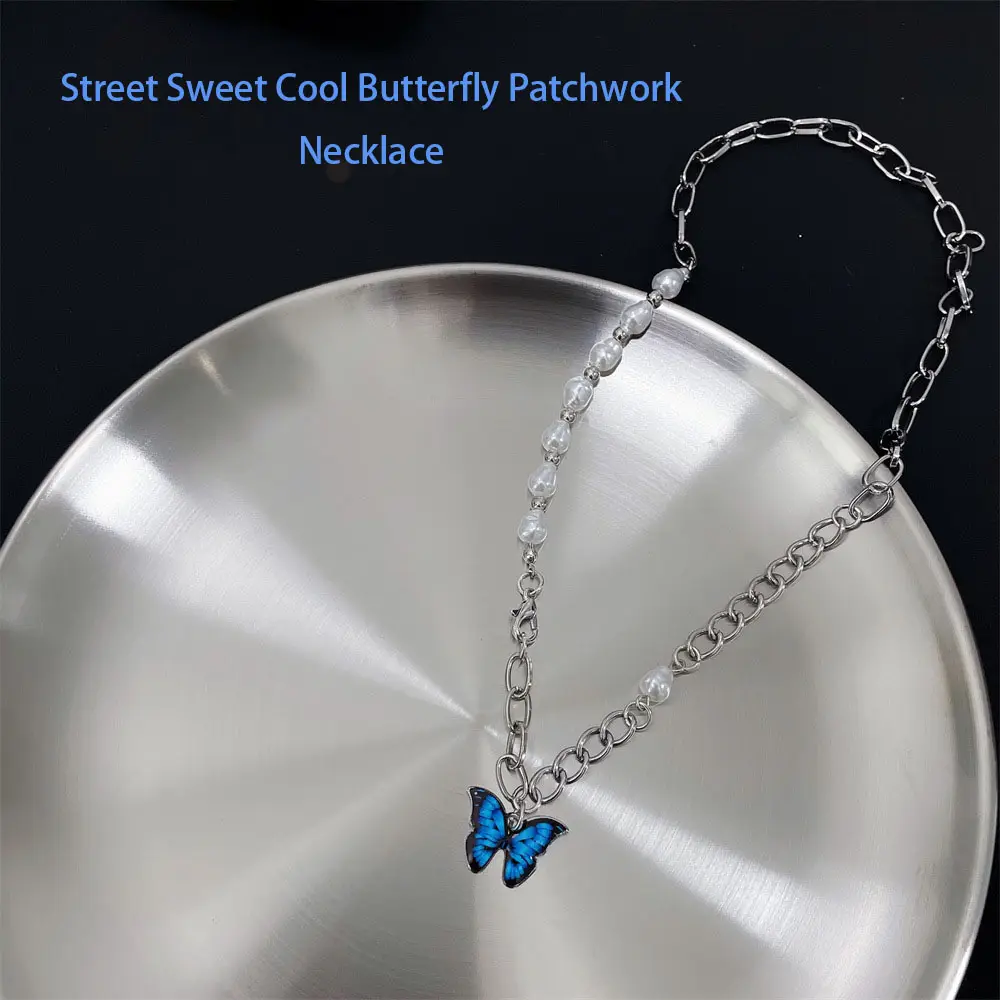 Günstige Metall nähen Perle Schmetterling Halskette weibliches Design Sinn Hip-Hop Temperament Schlüsselbein Kette