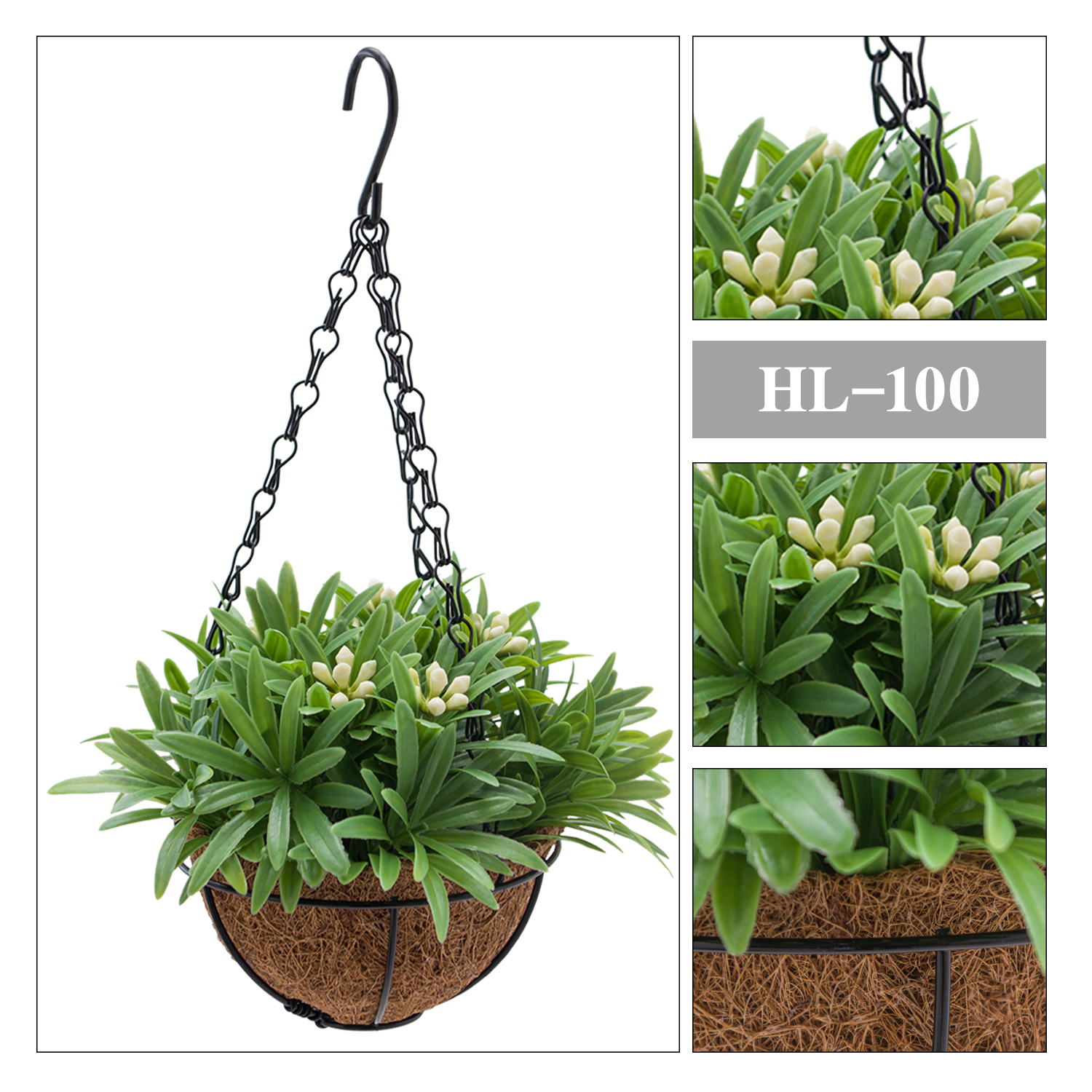 Artificial White Bud Green Leaf Hanging Basket w/ Coconut Liner