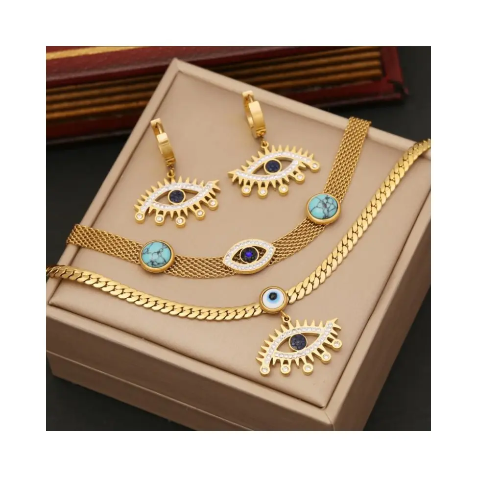 3 pezzi set di gioielli collana con ciondolo occhio di pietra catena clavicola moda ciondolo in acciaio inossidabile gioielli orecchino braccialetto cuore