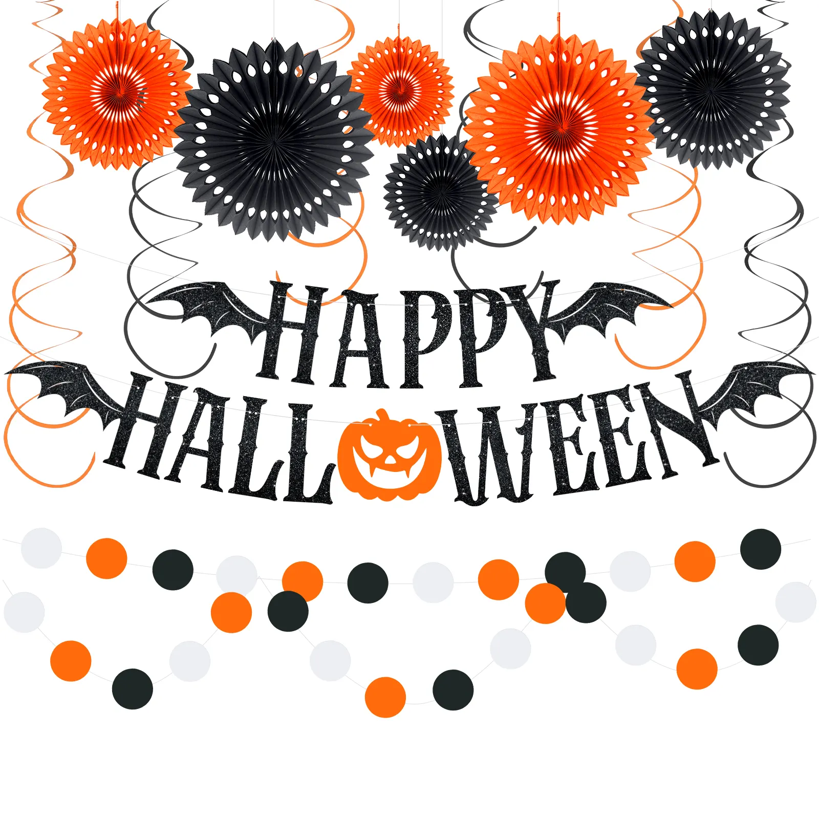 UMISS Eco-friendly 15pcs Happy Halloween Festival Décorations De Fête, Y Compris Papier Chauve-Souris Bannière Tissu Fans Tourbillons Guirlande