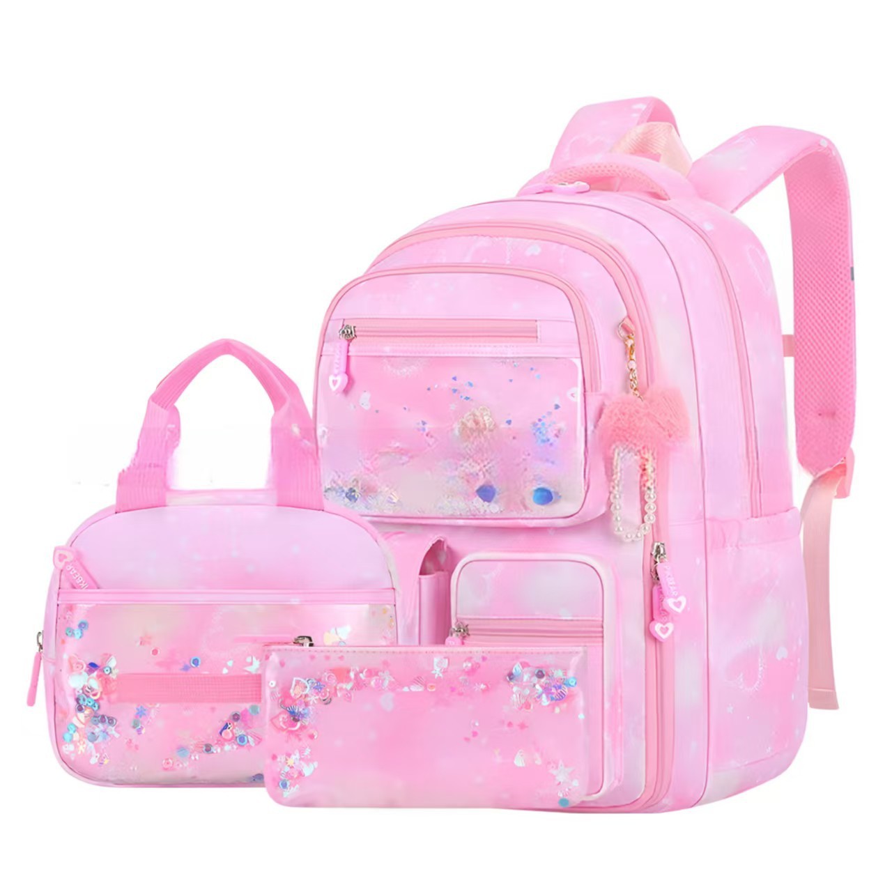 Ensemble dégradé rose trompette : sac à dos + sac à lunch + trousse.