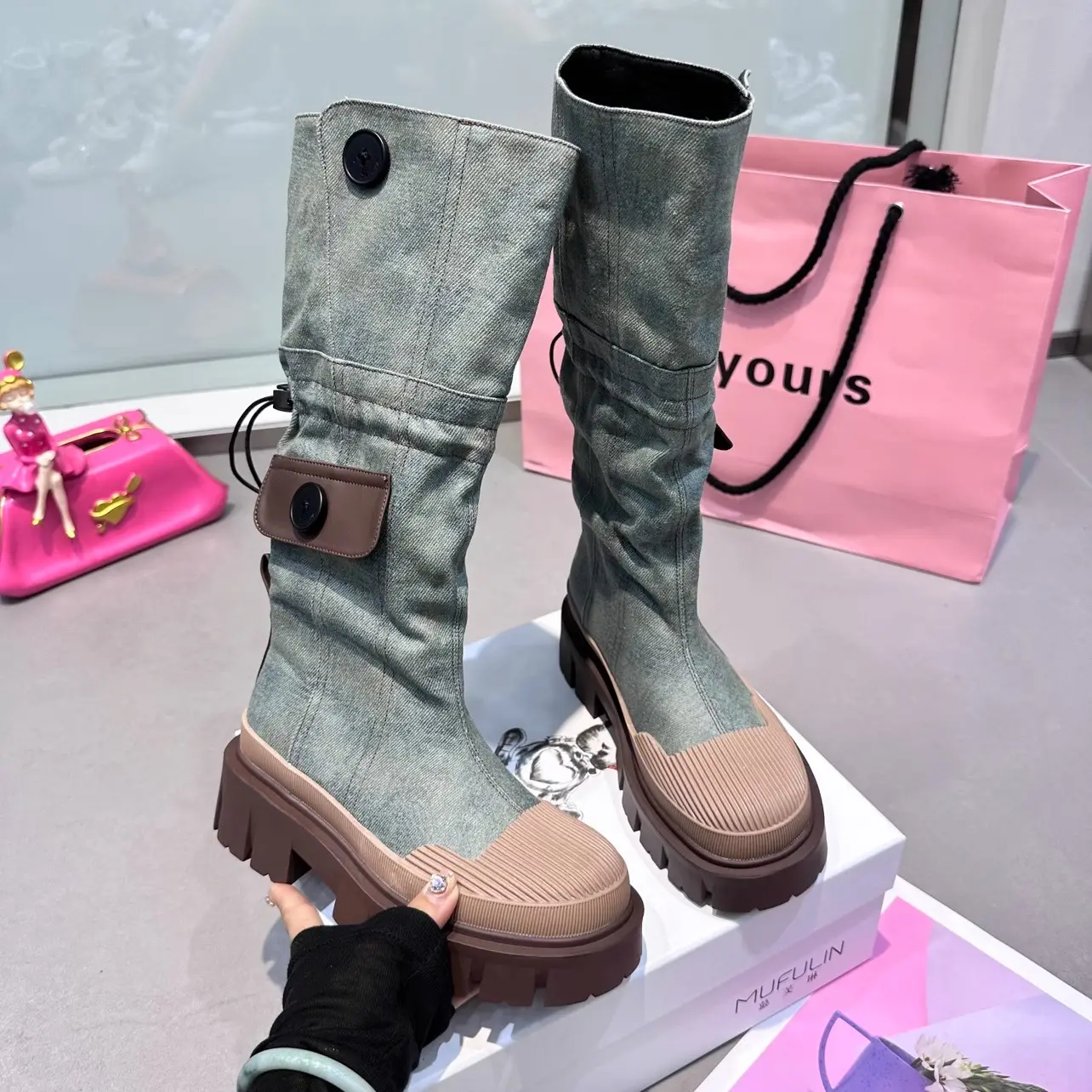 Dropshipping Custom Logo Cowboy Boots Women Shoes Thick Sole Denim Fashion Design Boots for Ladies