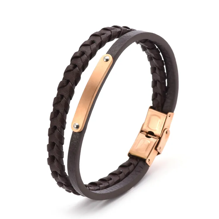 Pulsera de cuero de microfibra trenzada para hombre, joyería italiana, acero inoxidable chapado en oro rosa de 18K, bajo pedido, venta al por mayor