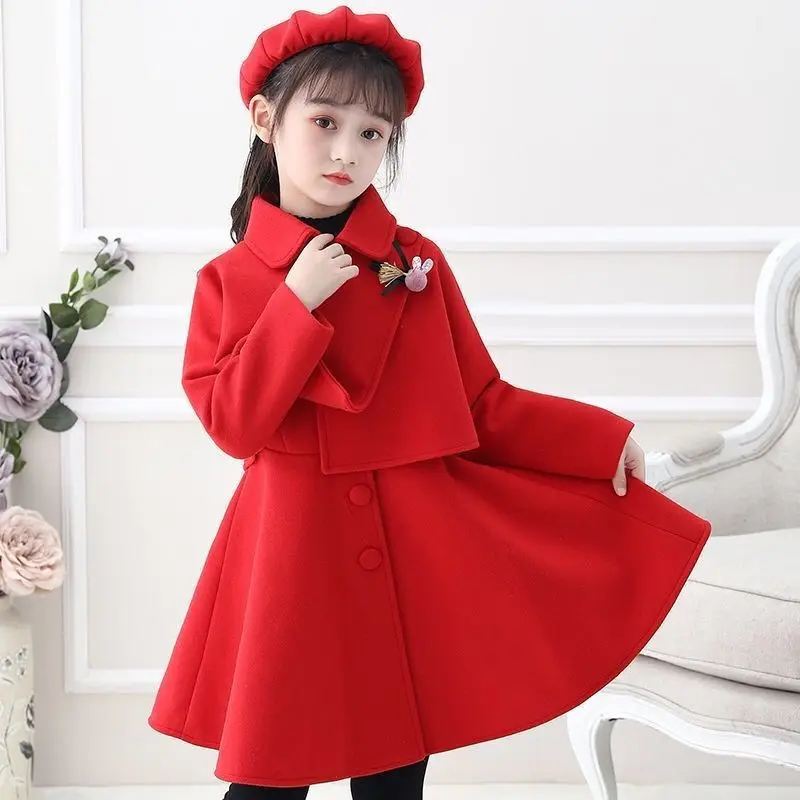 Novo estilo coreano vermelho lã sem mangas vestido casaco 3pcs roupas define bebê meninas inverno lã vestido