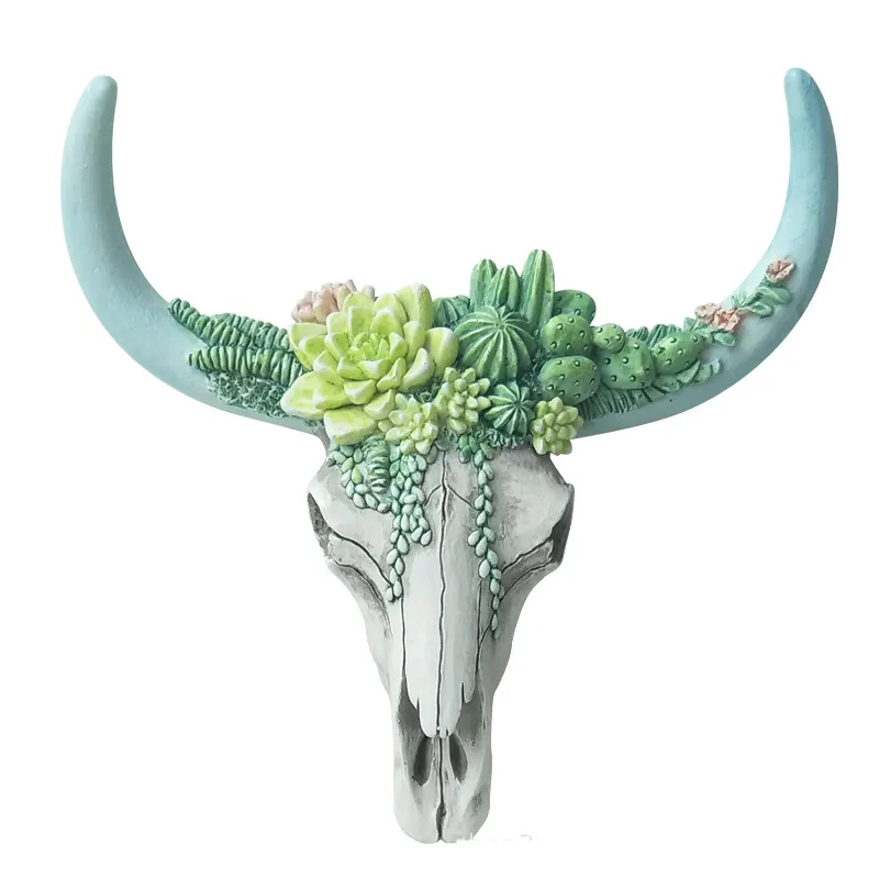 Venta caliente RTS resina cabeza de toro planta colgante de pared esculturas decorativas 3D adorno de calavera de vaca con suculentas