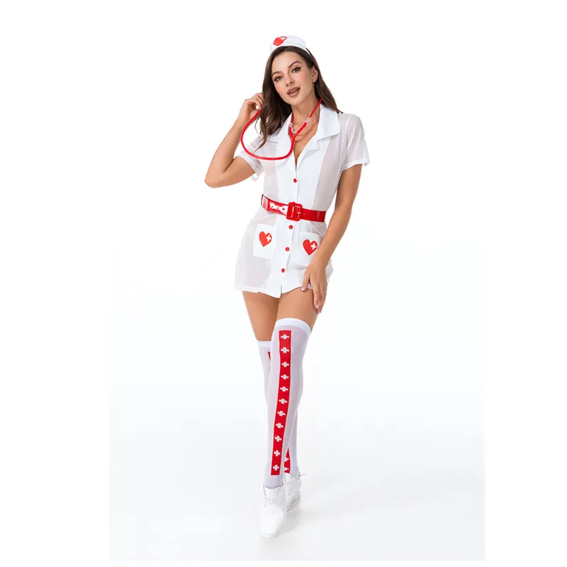 Uniforme de lencería erótica para mujer, traje de enfermera Sexy con gorro y estetoscopio, tentación