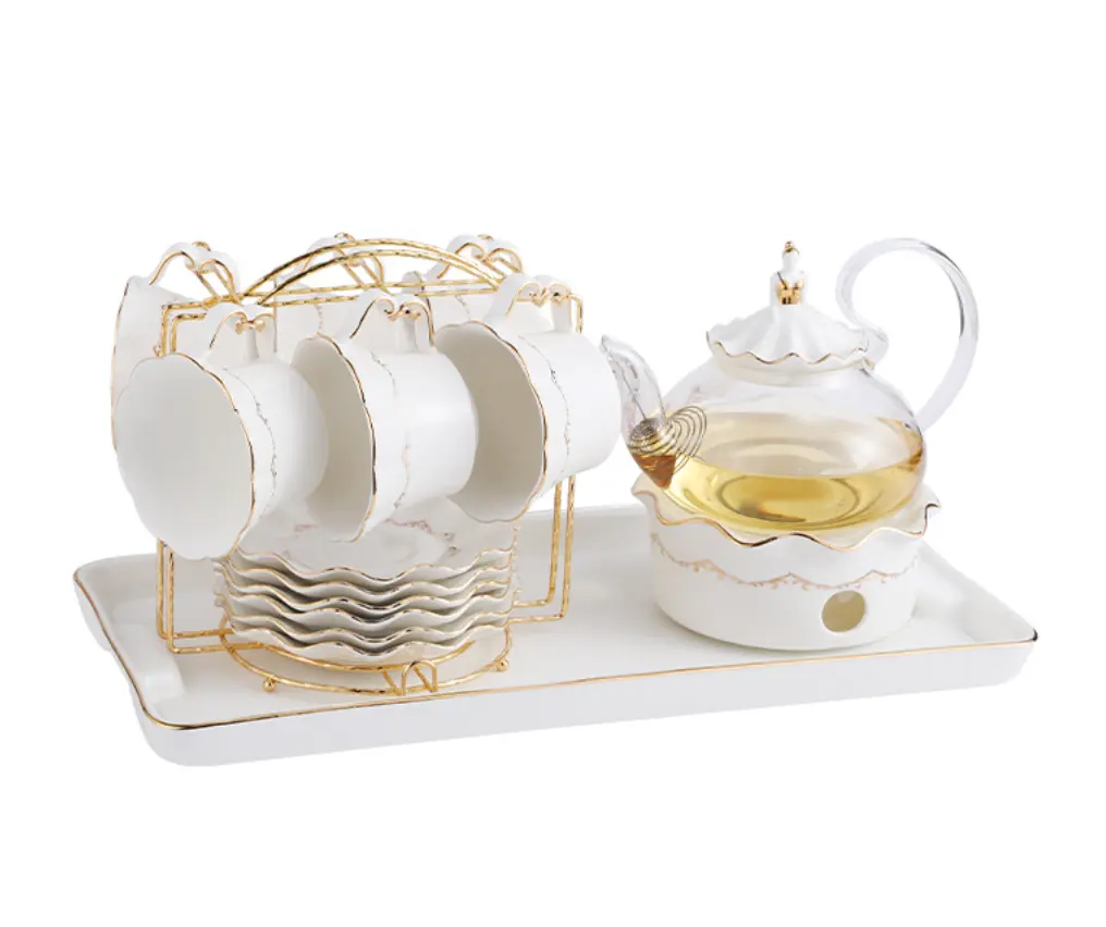 Nordic ışık lüks çaydanlık seti ile tepsisi mum ısıtma camı çaydanlık seramik fincan hediye kahve fincanı ve tabak