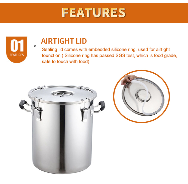 Commercial kitchen large 60L airtight stainless steel container barrel pot with seal lid