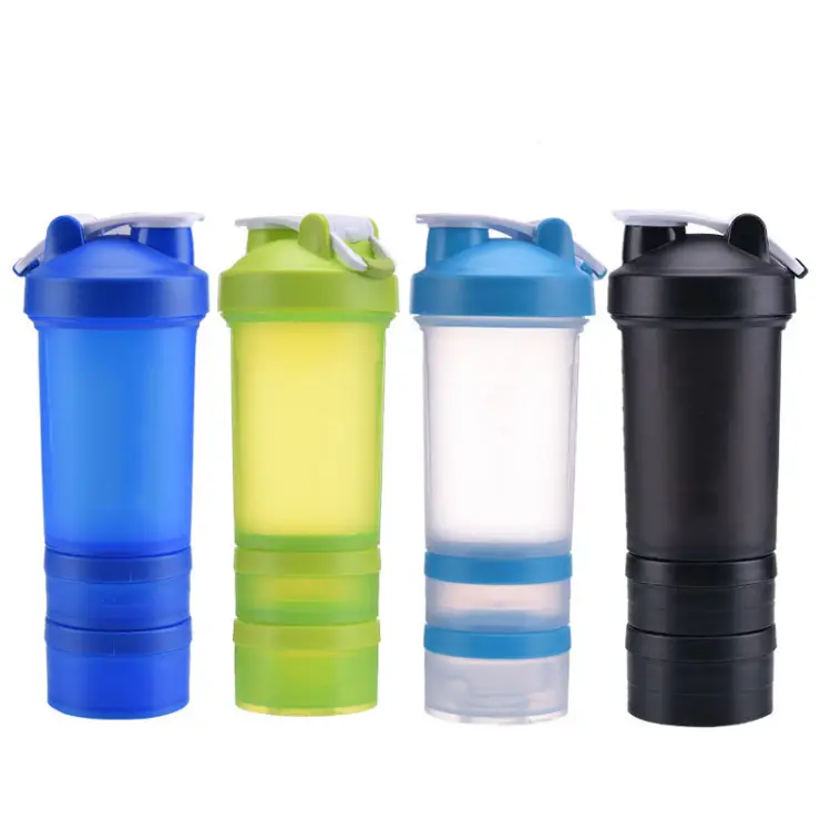 Benutzer definierter Druck BPA FREE 3-lagige Kunststoff-Protein-Shaker-Wasser flaschen Großhandel Plastik becher mit Deckel und Vorrats behälter 500ml