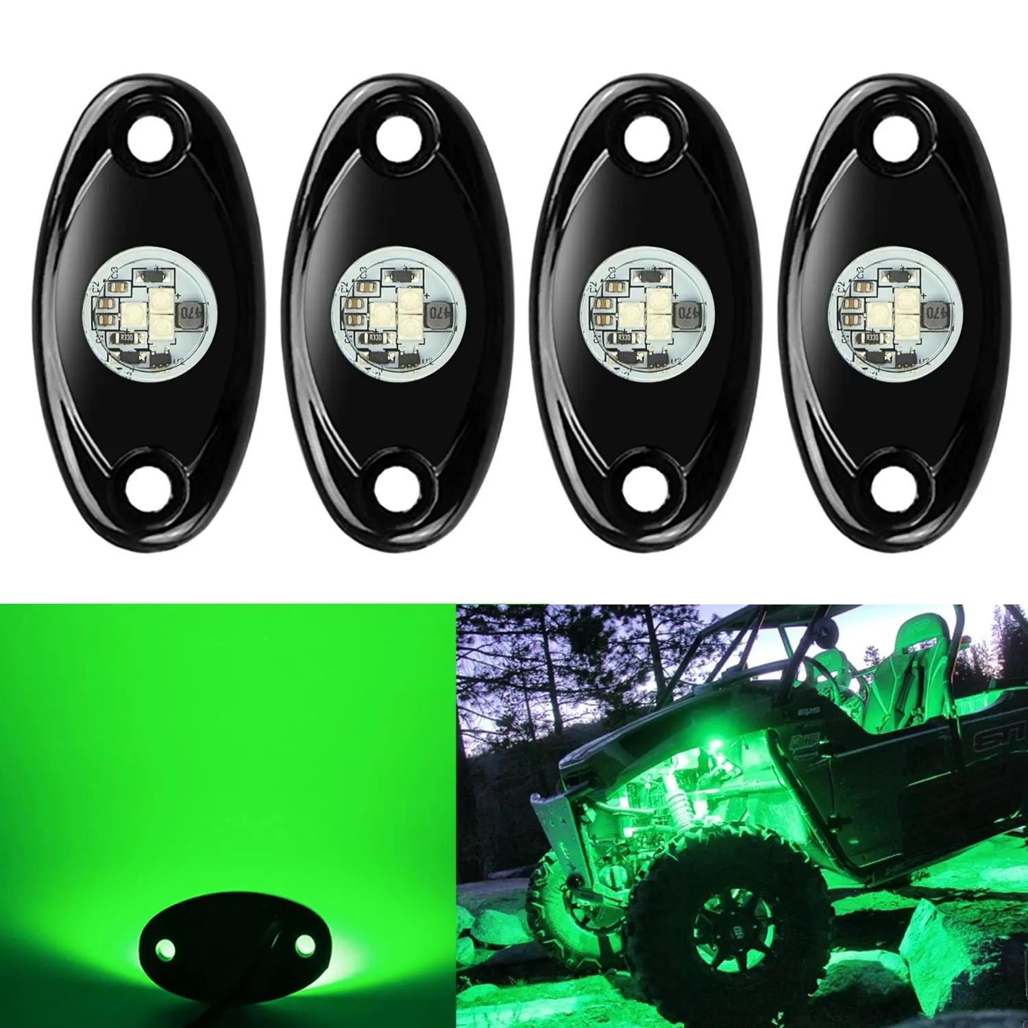 ชุดไฟ LED หิน4/6พ็อดส์,ไฟ LED สีเขียวสำหรับ Jeep UTV ATV SUV RZR Off Road F150 F250